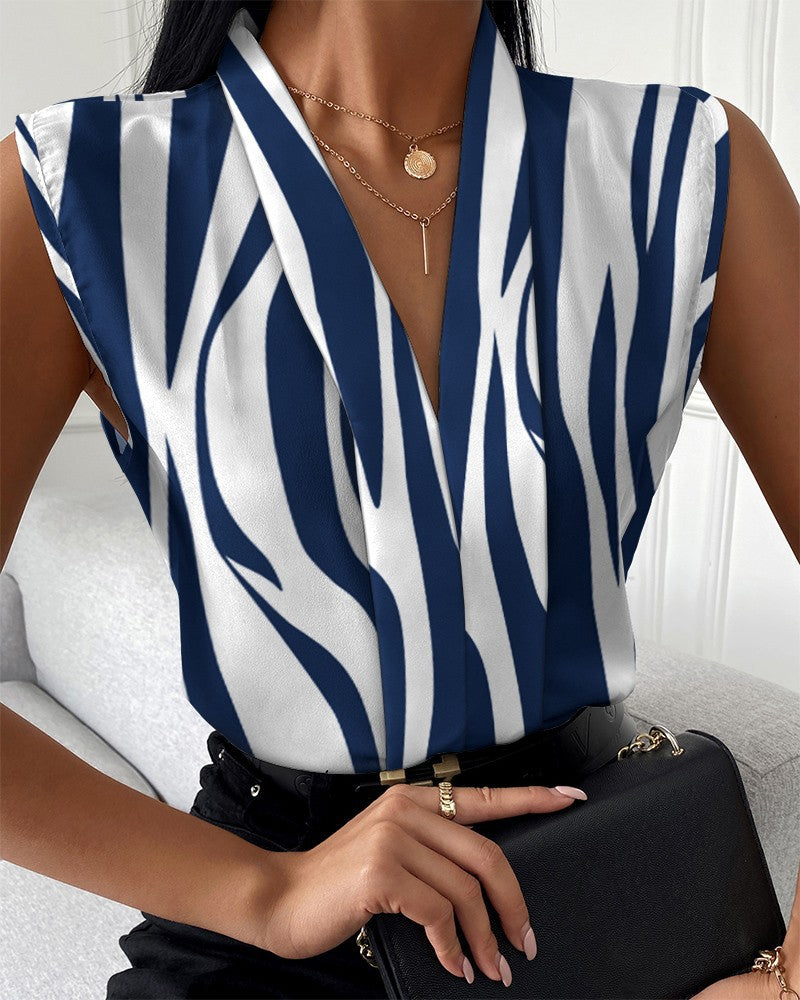 Women's Summer Sleeveless Printed V-Neck Shirt - Casual Lightweight Fashion Blouse