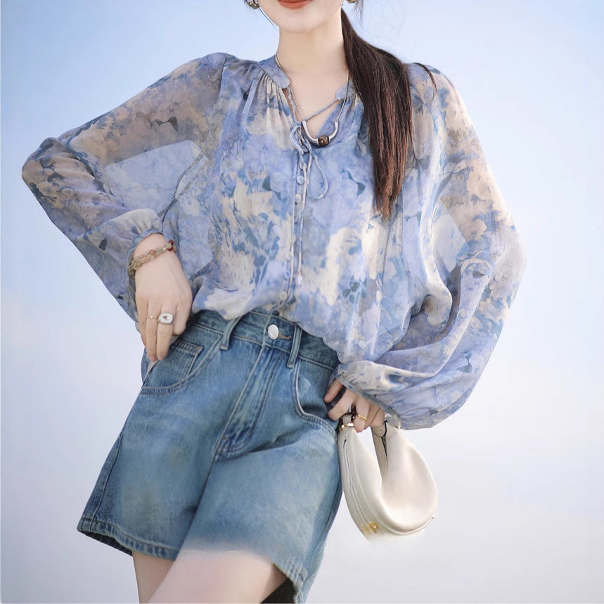 French Silk-Inspired Summer Shirt - Stand-Up Collar Pullover with Button Detail & Suspender Accents
