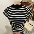 Half Turtleneck Striped Sweater - Flying Sleeves, Slim Fit Short-Sleeved Top for Women
