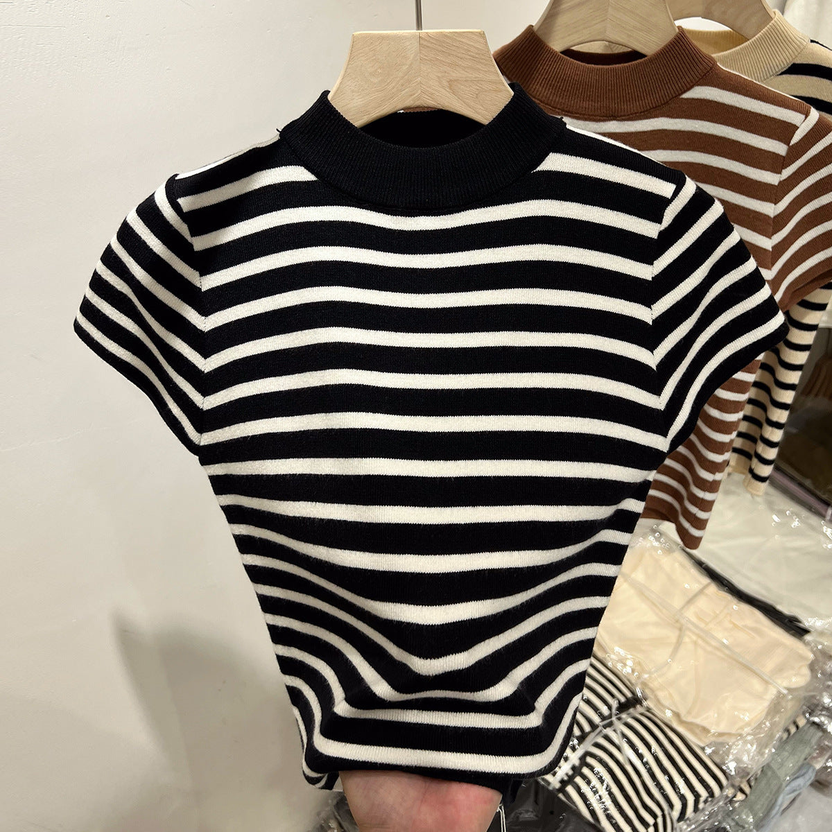 Half Turtleneck Striped Sweater - Flying Sleeves, Slim Fit Short-Sleeved Top for Women