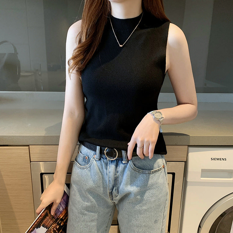 Women's White Knitted Vest - Small Camisole Top for Autumn & Winter, Half Turtleneck Sleeveless Sweater, Lightweight Bottoming S