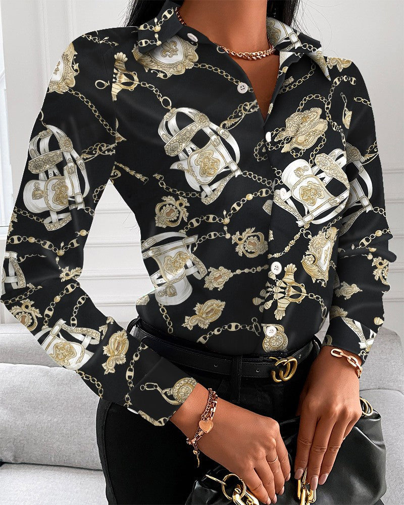Women's Autumn Printed V-Neck Shirt - Loose Fit Long Sleeve Button-Down Blouse