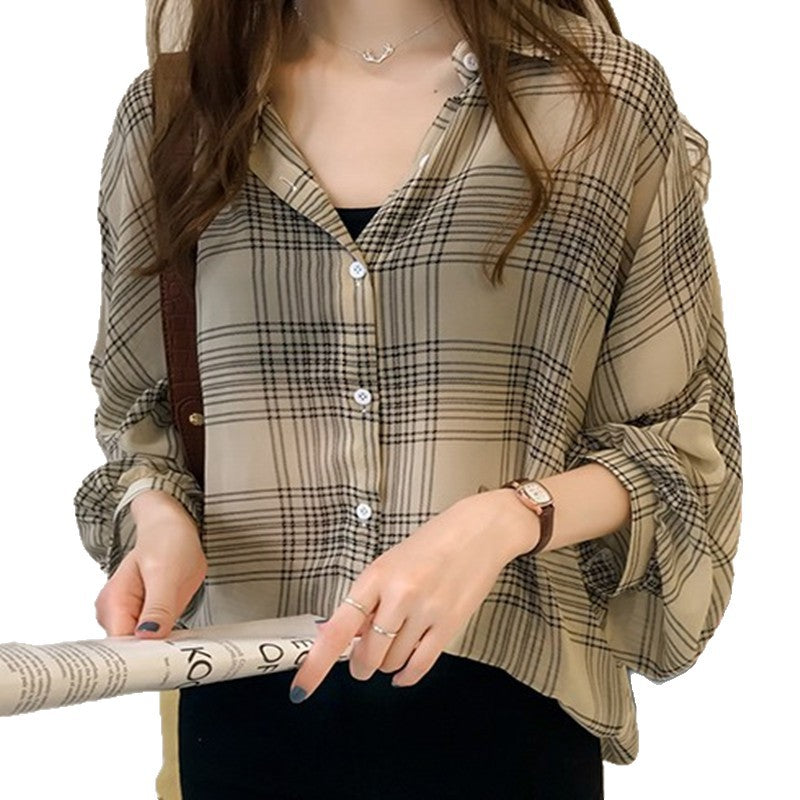 Women's New Loose Plaid Shirt - Long-Sleeved Hong Kong Style Casual Top