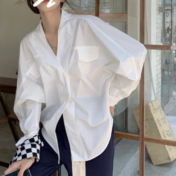 Women's White V-Neck Long-Sleeved Shirt - Loose Fit, Niche Design, Versatile Top