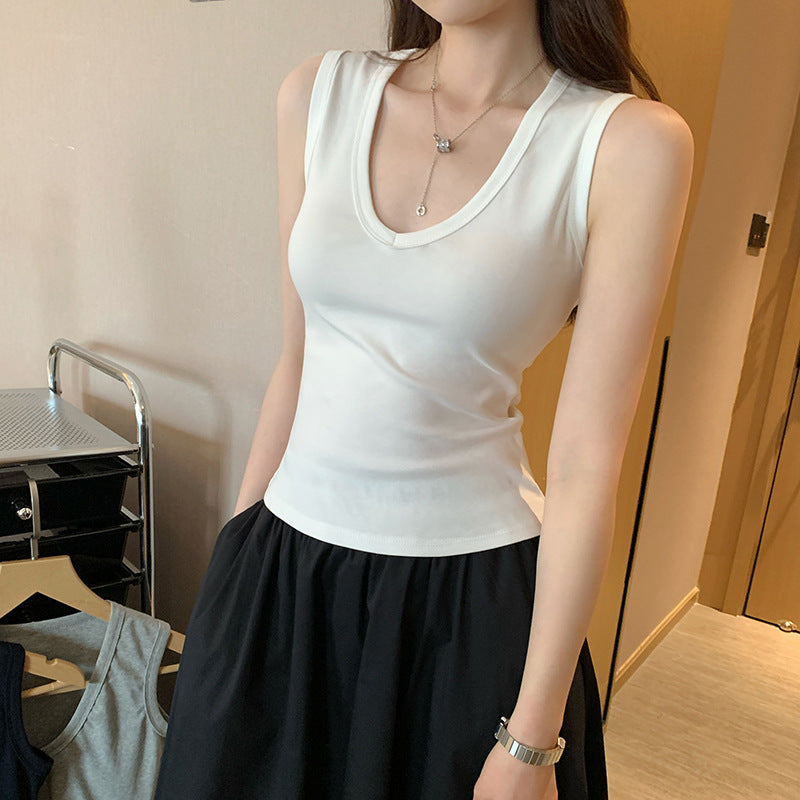 Women's White V-Neck Sports Camisole - Straight Shoulder Sleeveless Summer Vest