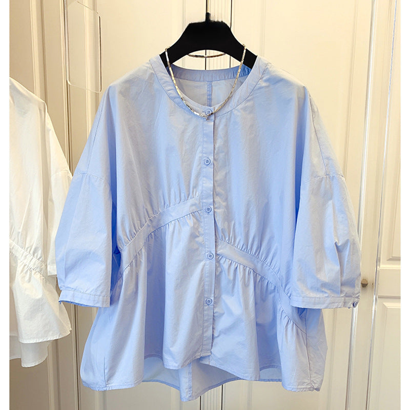 Spring & Autumn Niche Loose Asymmetrical Pleated Patchwork Babydoll Shirt