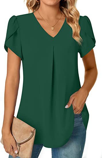 Women's Summer V-Neck Petal Sleeve Blouse - Lightweight Casual Shirt