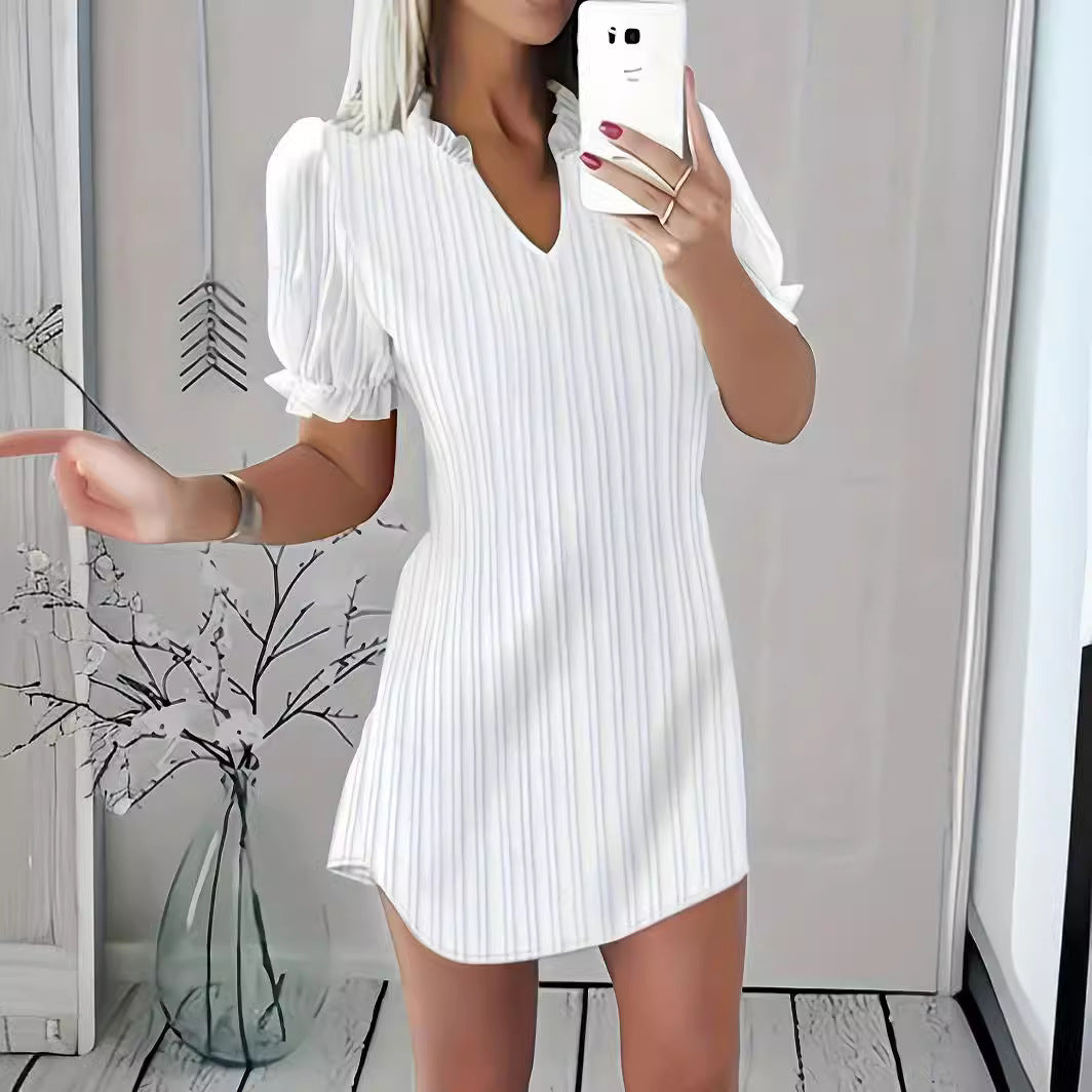Autumn New Fashion Solid Color V-Neck Ruffle Dress for Women – Elegant Long Sleeve Midi Dress