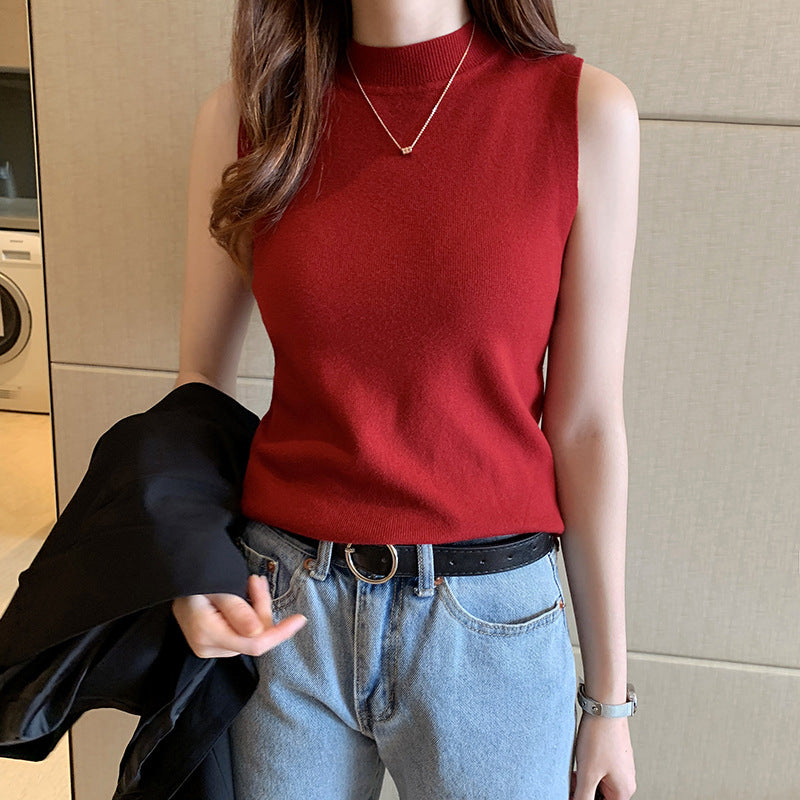 Women's White Knitted Vest - Small Camisole Top for Autumn & Winter, Half Turtleneck Sleeveless Sweater, Lightweight Bottoming S