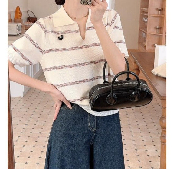 2025 Spring & Summer Women's Lapel Striped Slim Fit Long Sleeve Top - Commuter Chic Edition