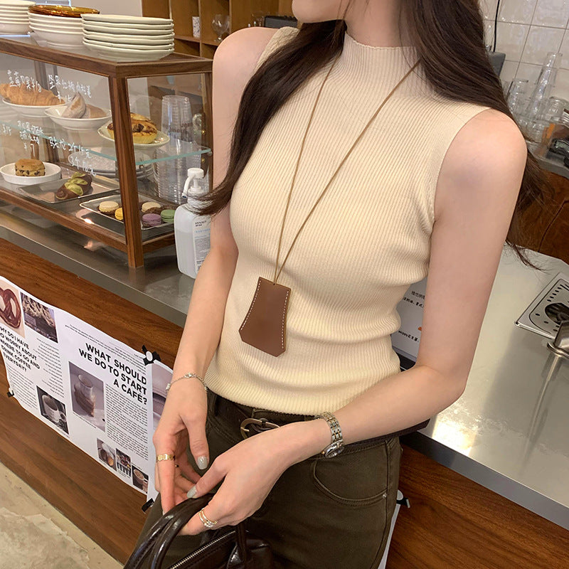 Chic Solid Color Half-High Collar Sleeveless Knitted Vest - Elegant Slim Fit Summer Innerwear for Women