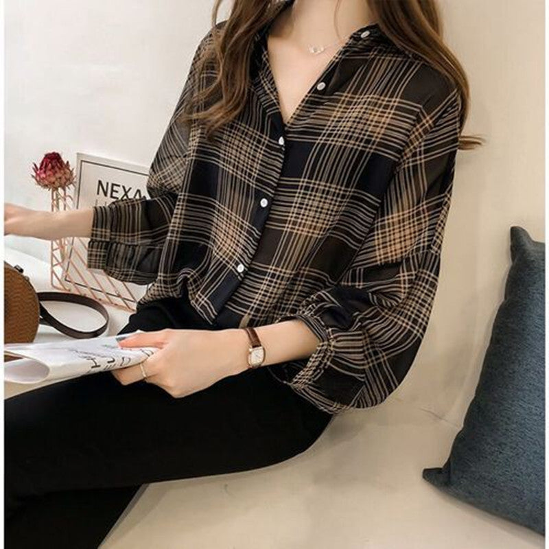 Women's New Loose Plaid Shirt - Long-Sleeved Hong Kong Style Casual Top