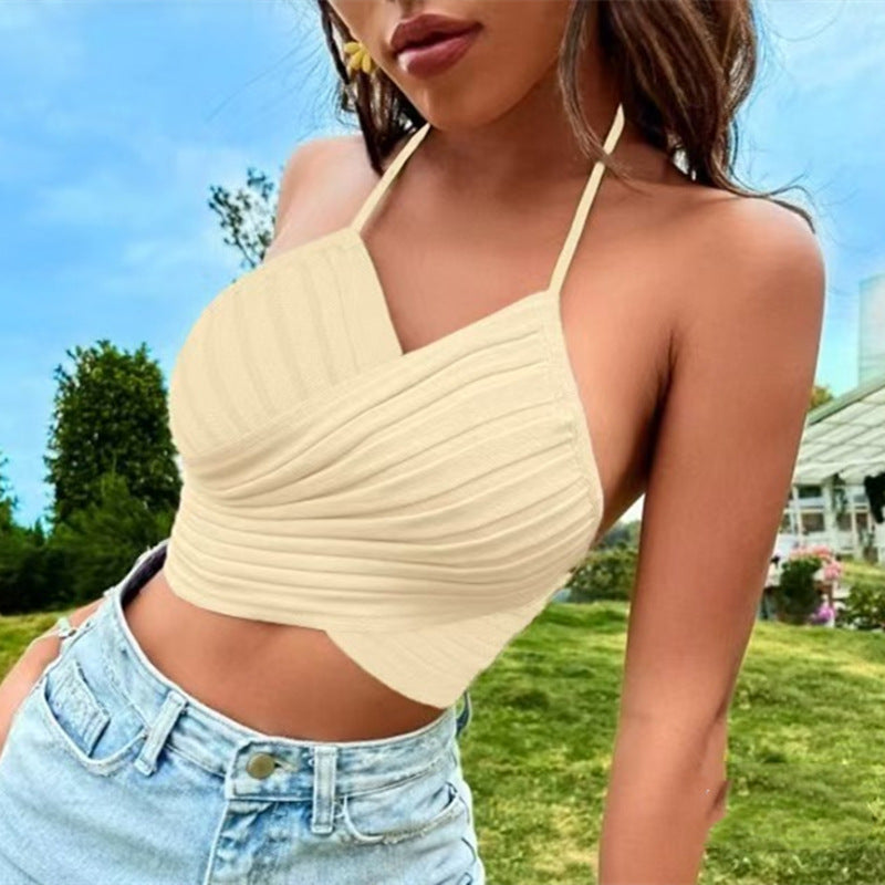 2025 Summer Women's Cross-Strap Halter Top - Trendy Open-Back Sleeveless Design for Casual & Beachwear
