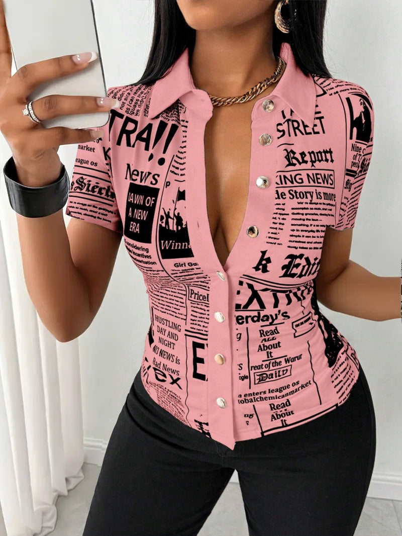 Women's Summer Fashion Newspaper Print V-Neck Shirt - Single-Breasted