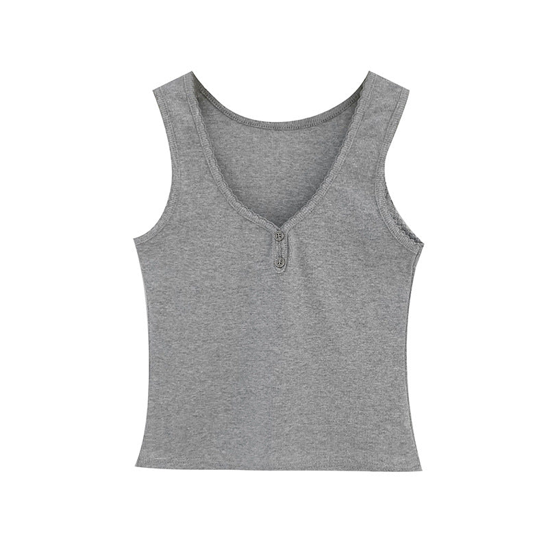Women's Summer Threaded Lace V-Neck Button Camisole - Real Shot Sleeveless Top