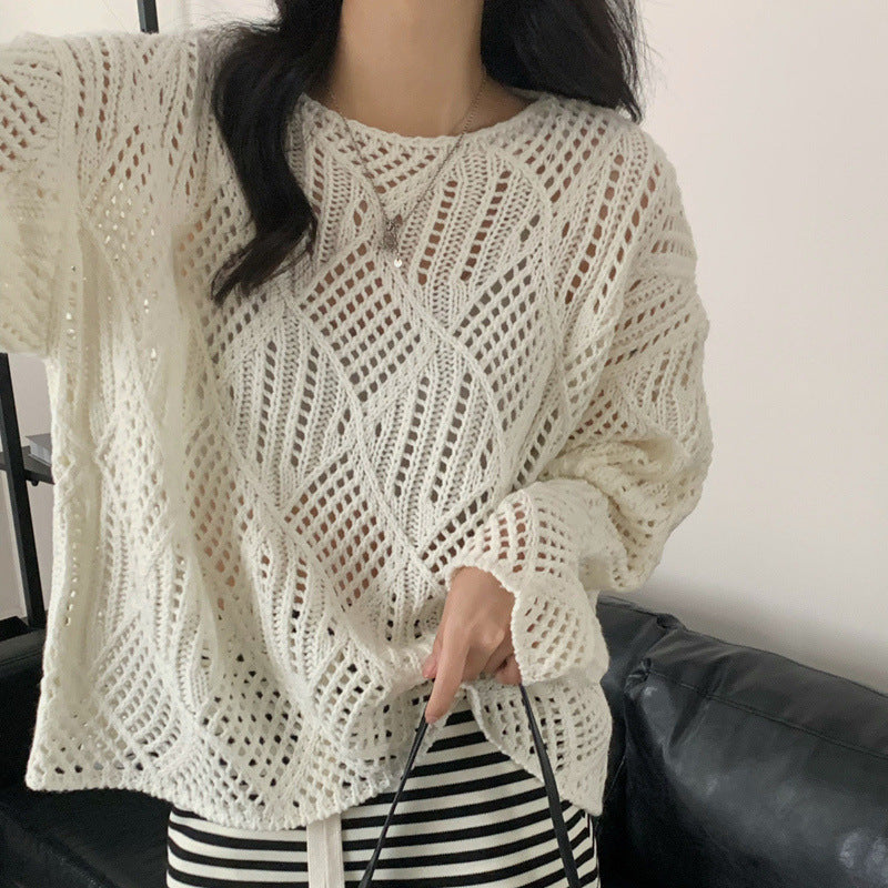 Women's Solid Color Diamond Pattern Blouse - Lightweight Lazy Style Sunscreen Layer for Spring, Summer
