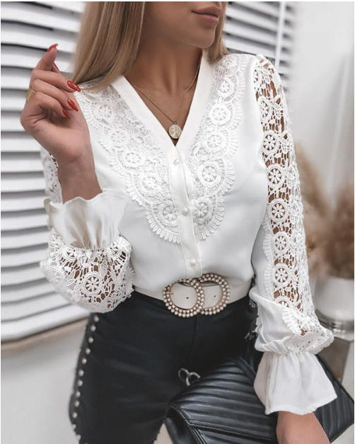 Women's Spring and Summer Fashion Lace Long Sleeve V-Neck Button Shirt - Elegant & Lightweight Blouse