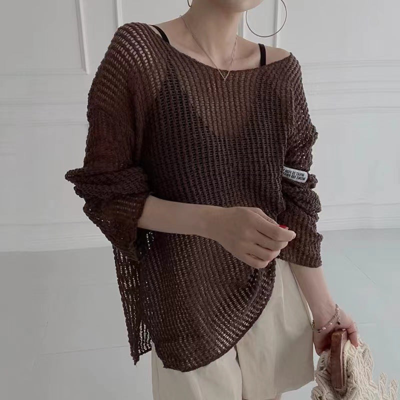 Summer Simple Round Neck Pullover - Loose Thin Hollow Perspective Sunscreen Knitted Sweater Blouse for Women