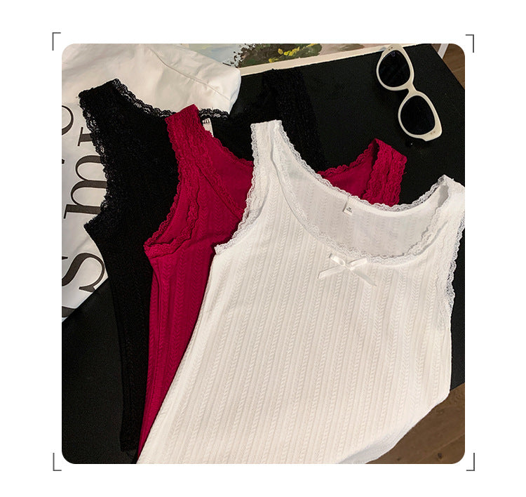Women's Pure Lace White Sleeveless Knitted Vest - Unique & Exquisite Design with Inner Camisole