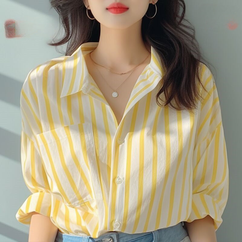 Women's Yellow and White Vertical Striped Shirt - Breezy, Bright, and Classic