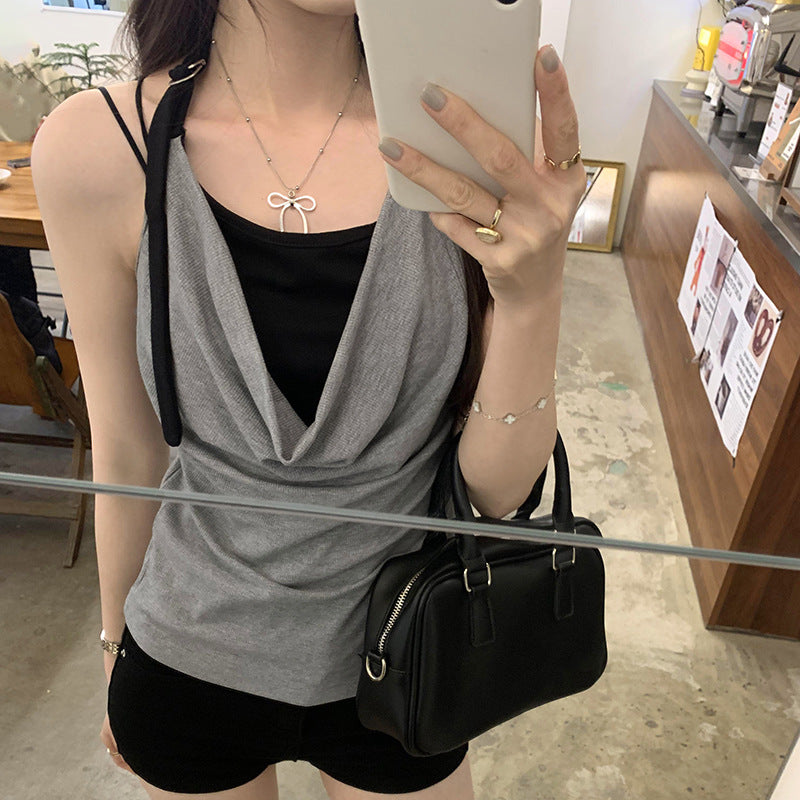 Women's Halter Neck Color Block Lace-Up Sleeveless Fake Two-Piece Vest Top
