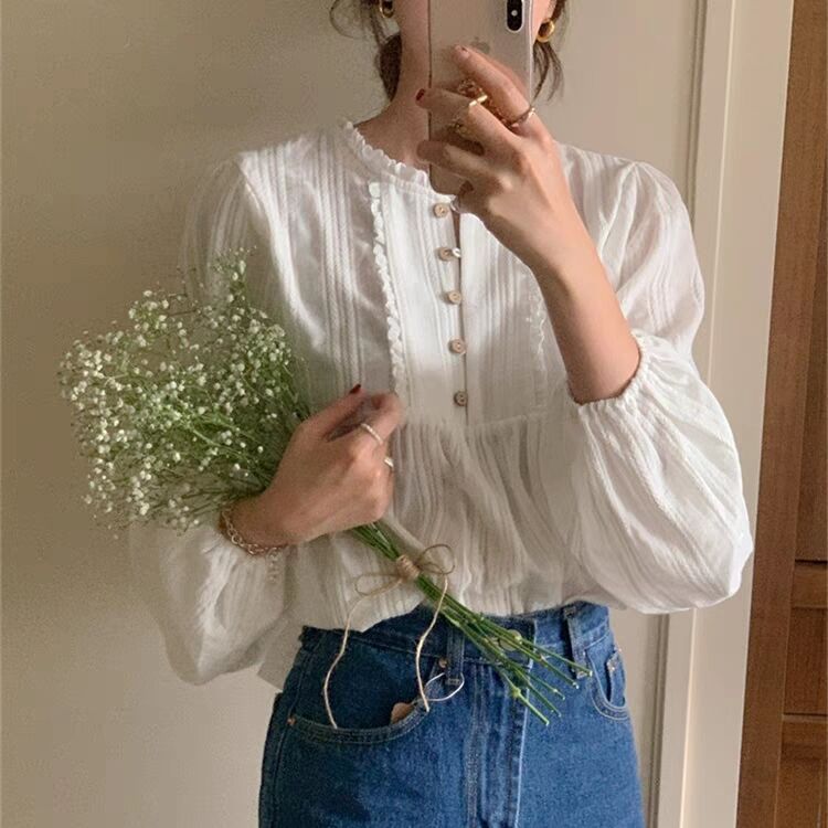 Retro-Inspired Pleated Lace Buttoned Blouse - Sweet Spring Pure Style