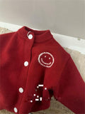 Red Festive Smiley Knit Cardigan for Kids