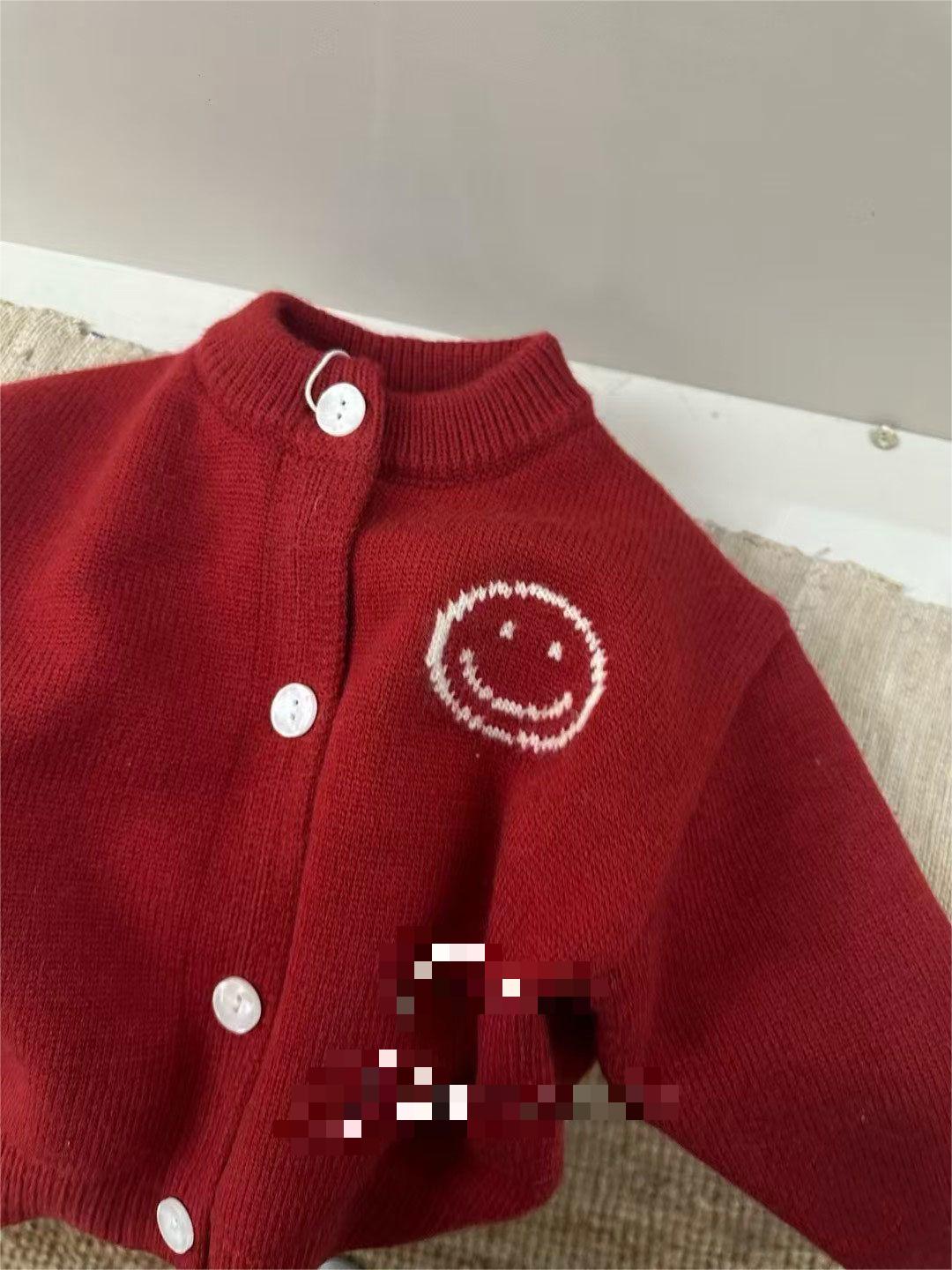 Red Festive Smiley Knit Cardigan for Kids