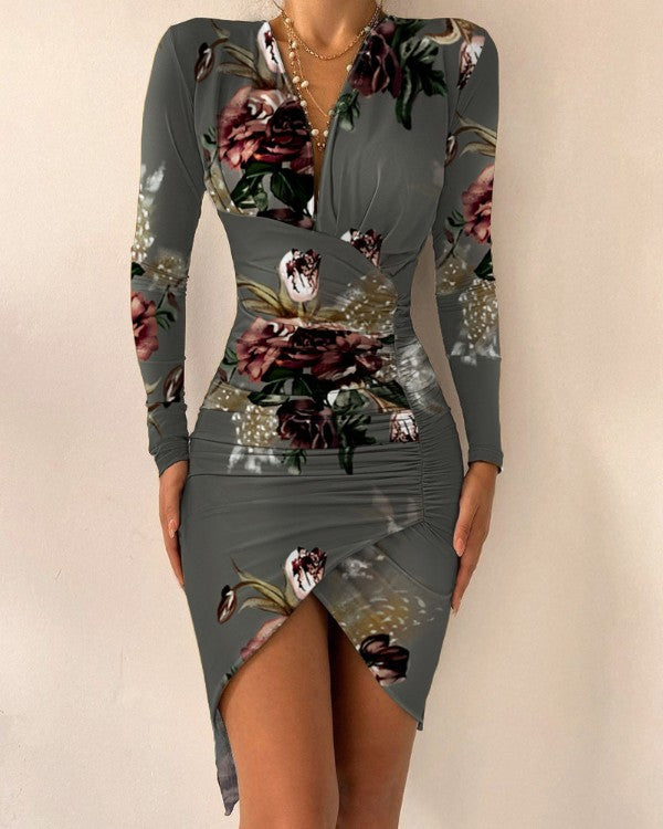 Autumn & Winter V-Neck Long Sleeve Print Slit Bodycon Dress for Women