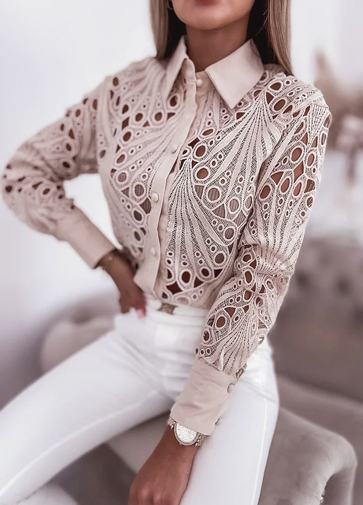 Women's Spring & Autumn Lace Hollow Long Sleeve Shirt - Elegant Commuter Style