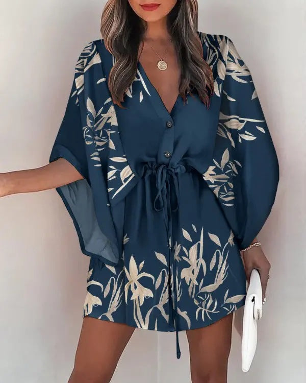 Women's Summer V-Neck Lace-Up Casual Holiday Dress – Flying Sleeve Boho Style Sundress with Pockets, Lightweight Flowy Beach Min