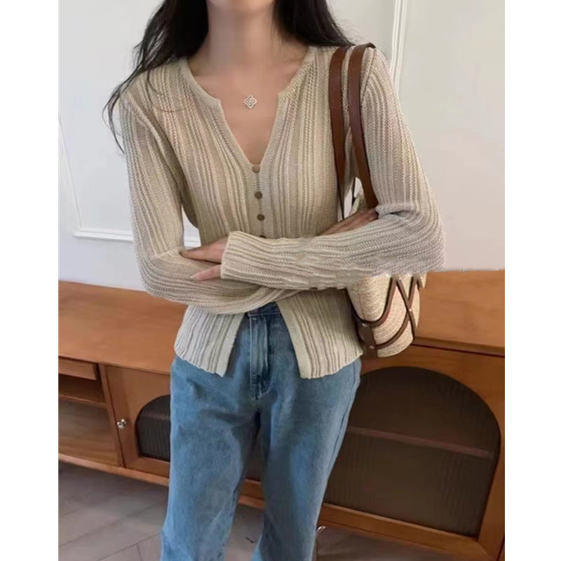 Lazy Style Simple And Versatile Long-Sleeved Knitted Sweater For Women Autumn Wear Temperament V-Neck Slim Fit Top