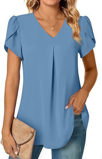 Women's Summer V-Neck Petal Sleeve Blouse - Lightweight Casual Shirt