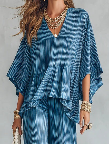 Women's Cotton Linen Blend Long-Sleeve Half-Button Top and Pleated Wide-Leg Pants Two-Piece Set