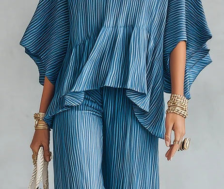Women's Cotton Linen Blend Long-Sleeve Half-Button Top and Pleated Wide-Leg Pants Two-Piece Set