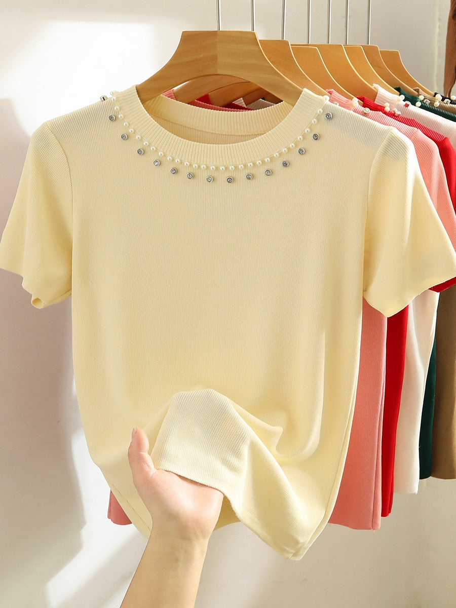Women's Summer White Beaded Knit T-Shirt - Short Sleeve, Straight Shoulder, Short Top