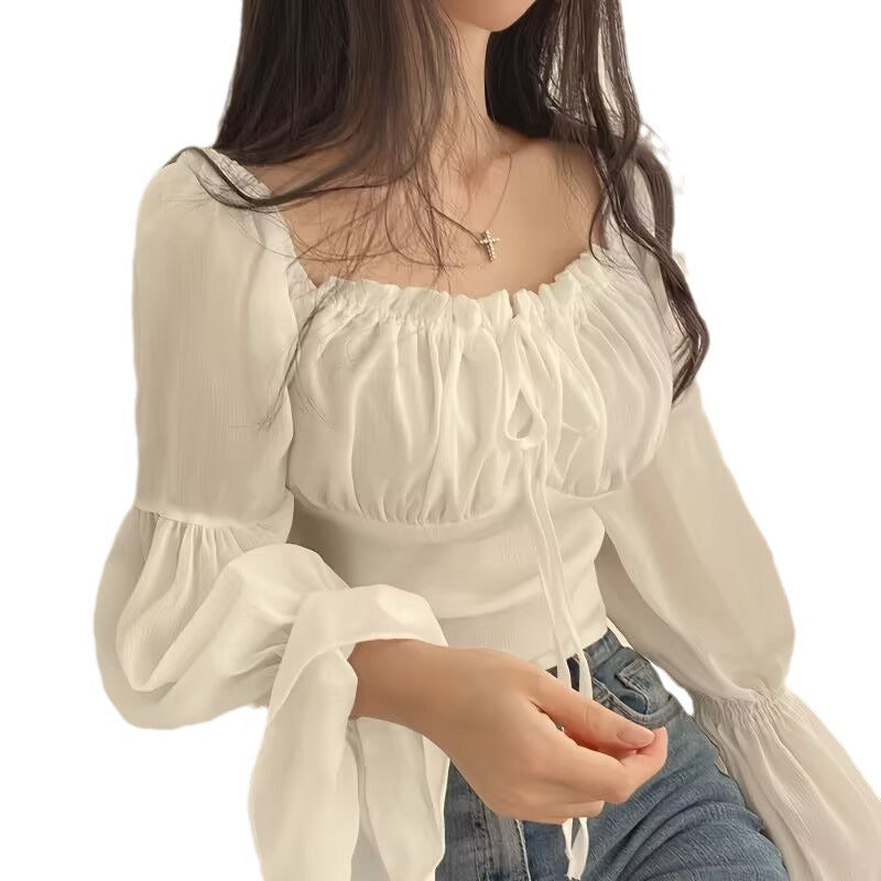 French-Style Ruffled Lace-Up Short Blouse - Square Neck & Trumpet Sleeve Spring Top for Women