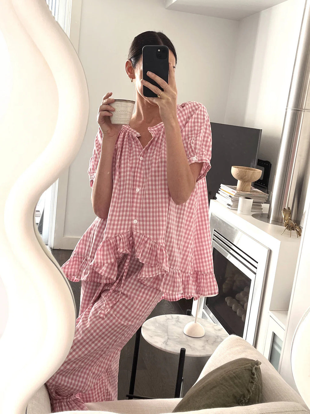 Ruffled Button Short Sleeve Top and Pants Set