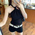 Women's Black Halter Neck Lace-Up Camisole - Festival-Ready Seaside Style