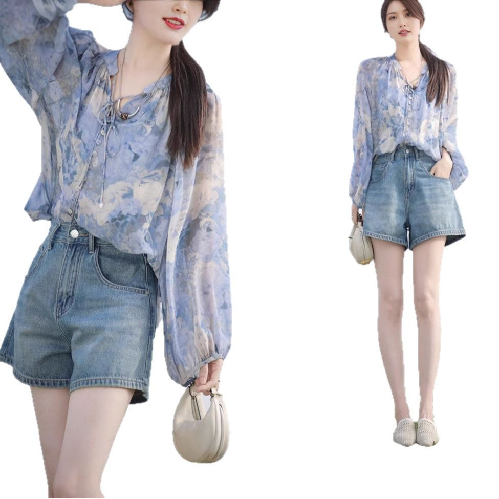 French Silk-Inspired Summer Shirt - Stand-Up Collar Pullover with Button Detail & Suspender Accents