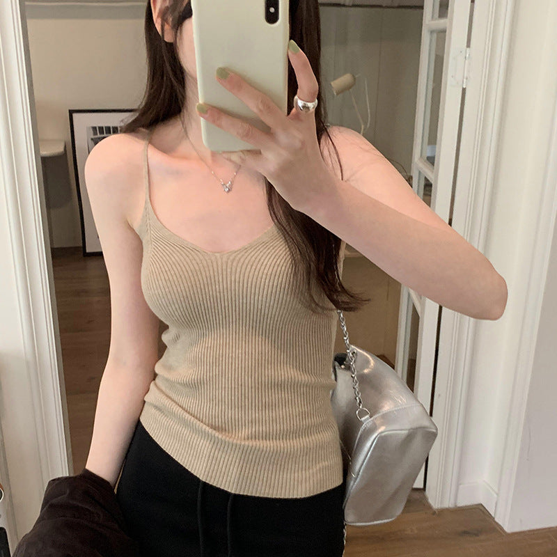Women's Slim Elastic V-Neck Knitted Camisole Vest - Spring/Summer Innerwear