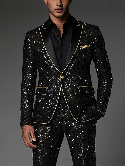 Contrasting Sequin Broken Star Effect Single Button Suit