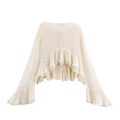 Women's Long Flounced Sleeves Short Front Chiffon Shirt Loose White