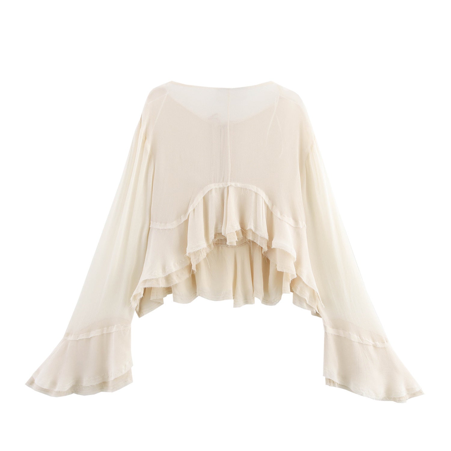 Women's Long Flounced Sleeves Short Front Chiffon Shirt Loose White