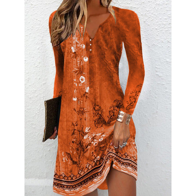 Autumn Women's Long-Sleeved V-Neck Irregular Hem Button Dress – Elegant & Casual Style