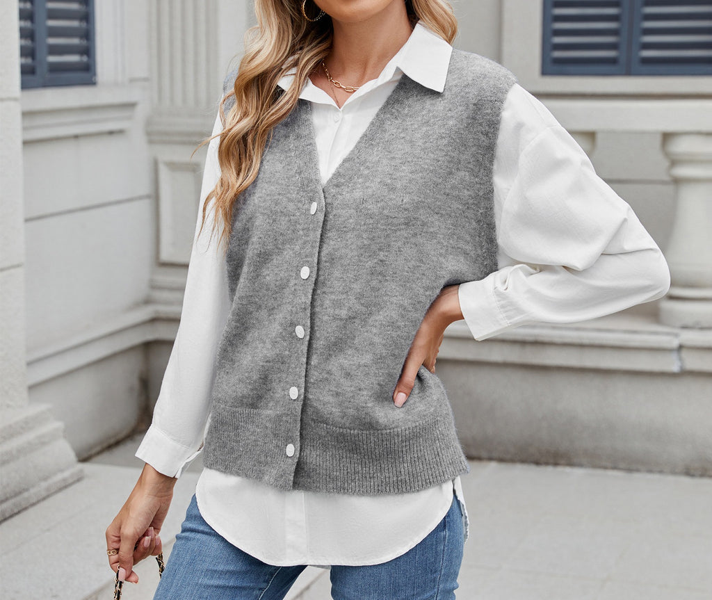 Women's Casual Knitted Sweater Vest - Trendy One-Row Button Front, Sleeveless V-Neck Knitwear