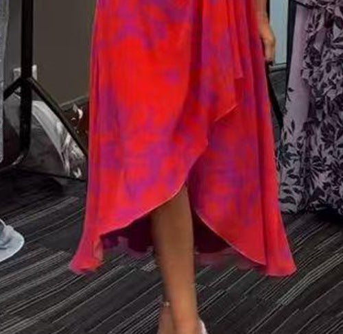 Women's Printed V-Neck Short-Sleeve Waist-Defined Casual Dress