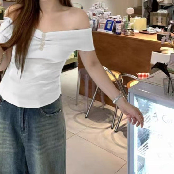 Sweet One-Shoulder Knitted Sweater - Slimming & Lightweight Off-Shoulder Short Top for Women