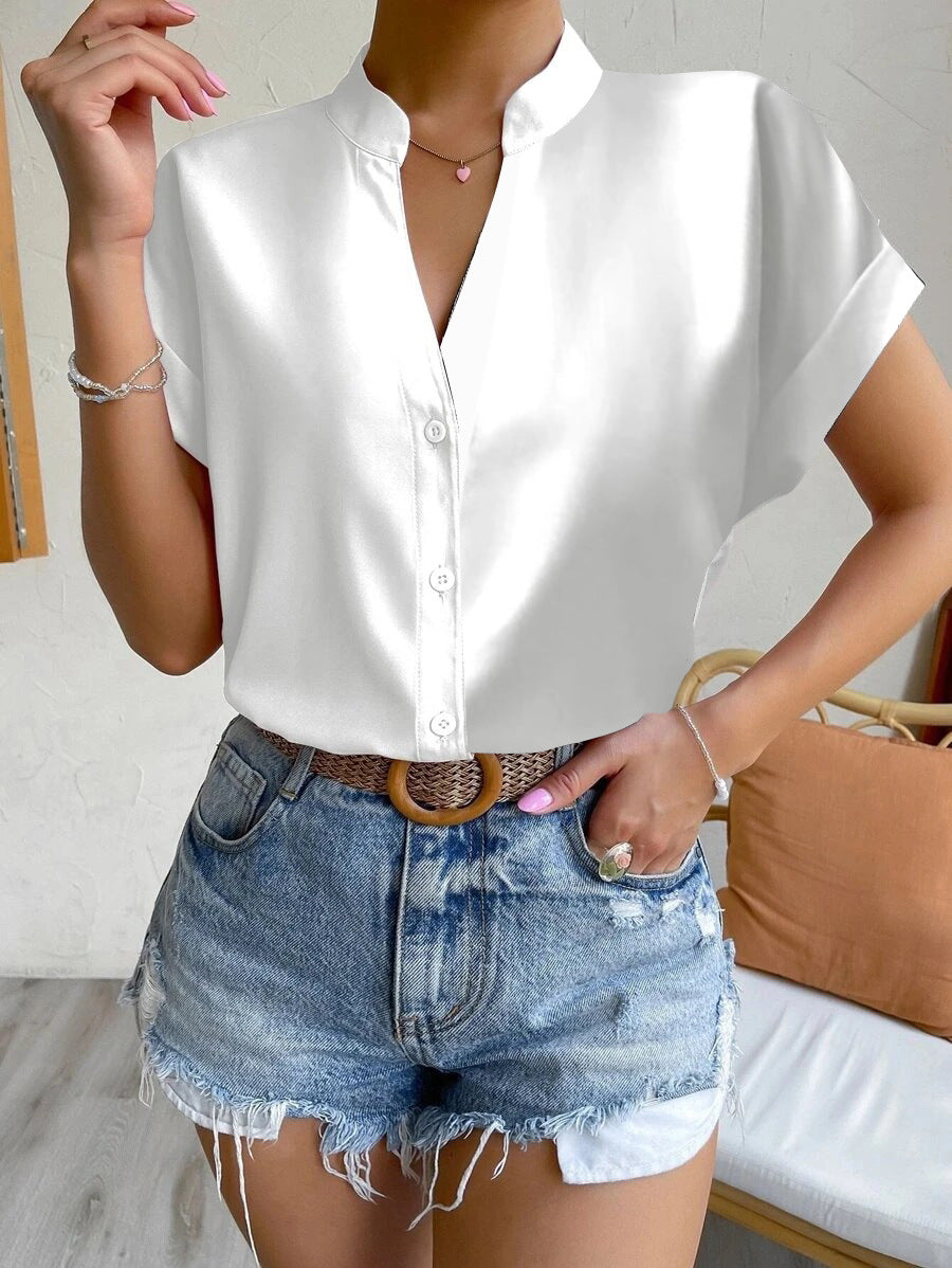 Women's Summer V-Neck Blouse - Lightweight Simple Short Sleeve Shirt for Everyday Wear