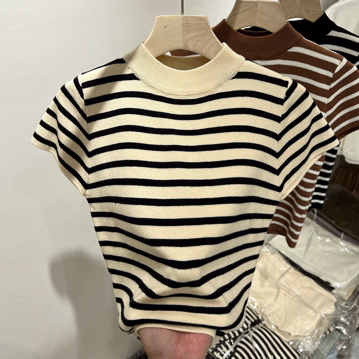 Half Turtleneck Striped Sweater - Flying Sleeves, Slim Fit Short-Sleeved Top for Women